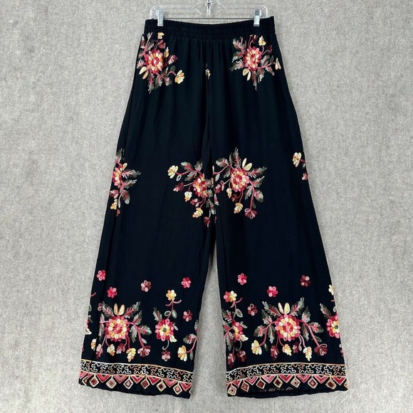 Liv Los Angeles Womens Large Black Floral‎ Embroidered Wide Leg Bohemian Pants - Picture 1 of 10